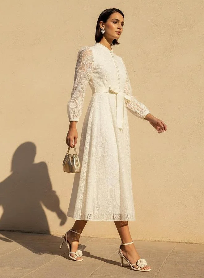 تواكستريمز 2Xtremz A-line Midi Dress with Paisley Embroidery and Tie-Up Belt